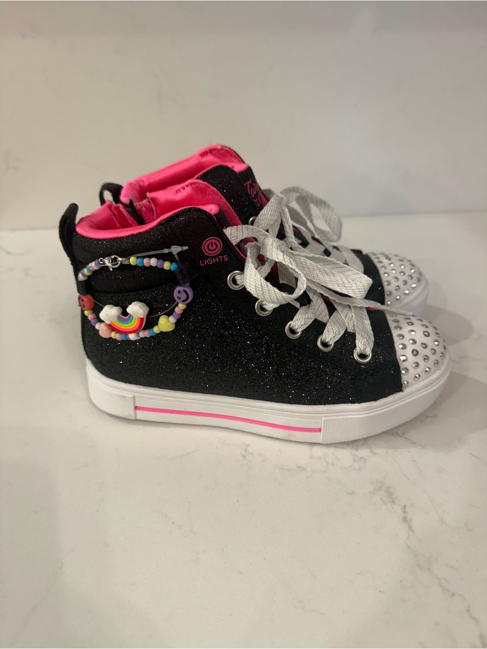 Skechers Kids Black Glitter High-Top Sneakers with Pink Lining and Silver Studs